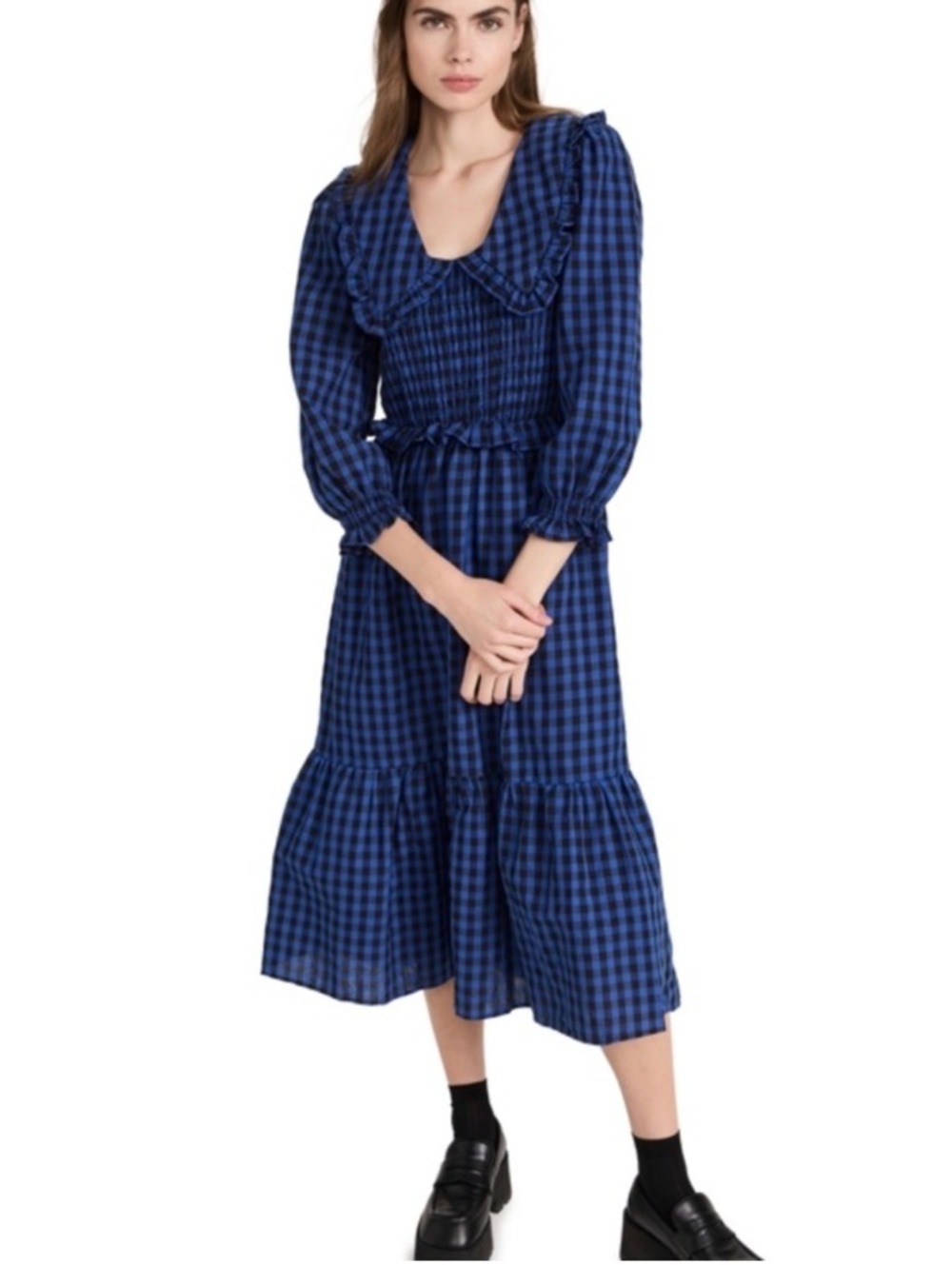 O.P.T Blue Gingham Long Sleeve Ruffle Collar Smocked Kobo Dress Size Medium